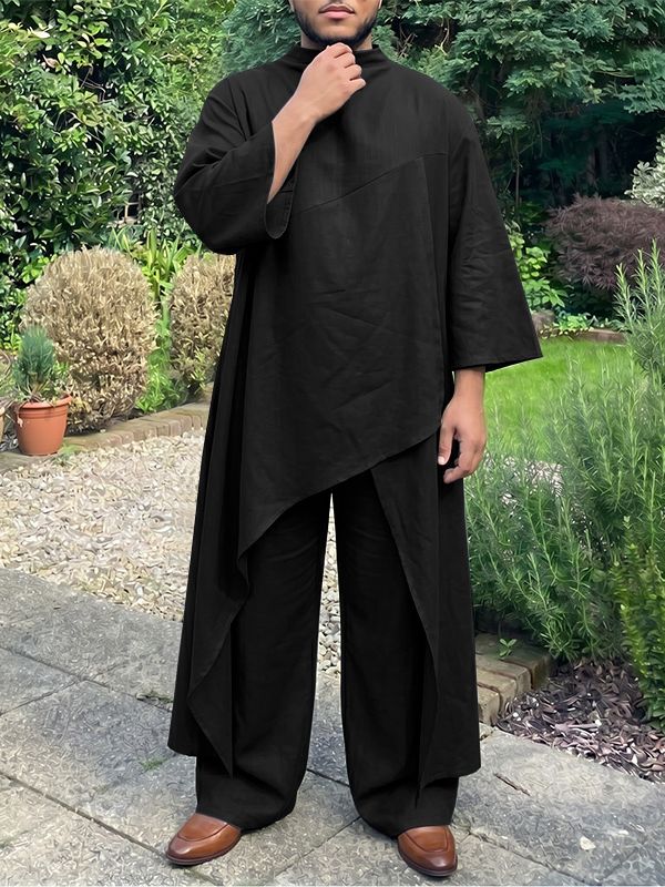 Men's Avant-Garde Minimalist Mock Neck Asymmetrical Draped Two Pieces Outfit SKUL73622