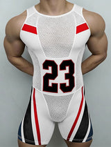 Men's Avant-Garde "23" Graphic Color-Block Mesh Panel Athletic Bodysuit SKUL54072