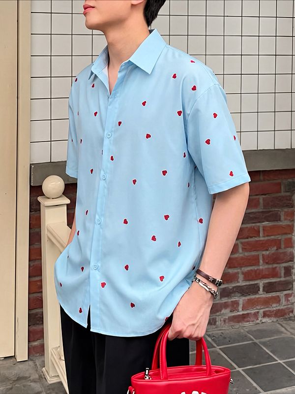 Men's All-Over Mini Heart Print Casual Cuban Collar Short Sleeve Shirt SKUL66955
