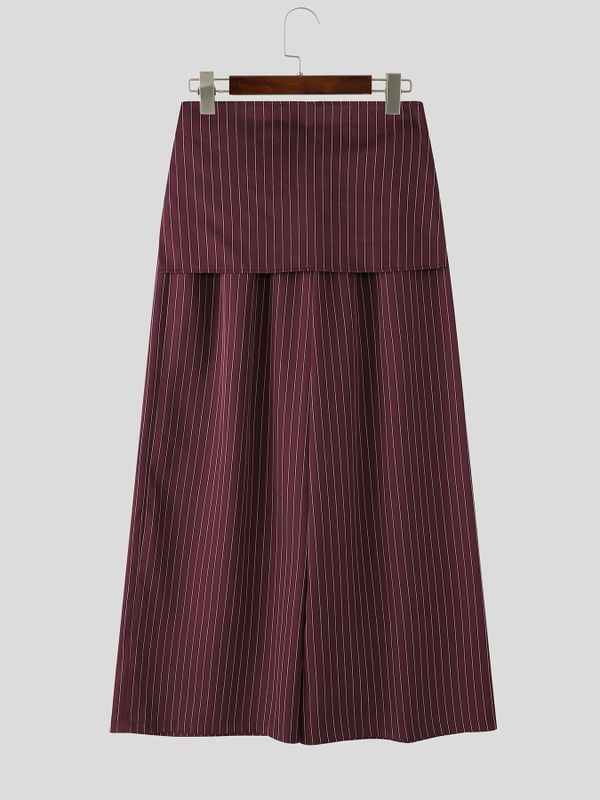Men's Avant-Garde Asymmetric Wrapped Tie-Waist Pinstripe Oversized Wide-Leg Baggy Pant SKUL70237
