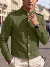 Men's Smart-Casual Military-Inspired Mandarin Collar Slim Fit Shirt SKUL77983