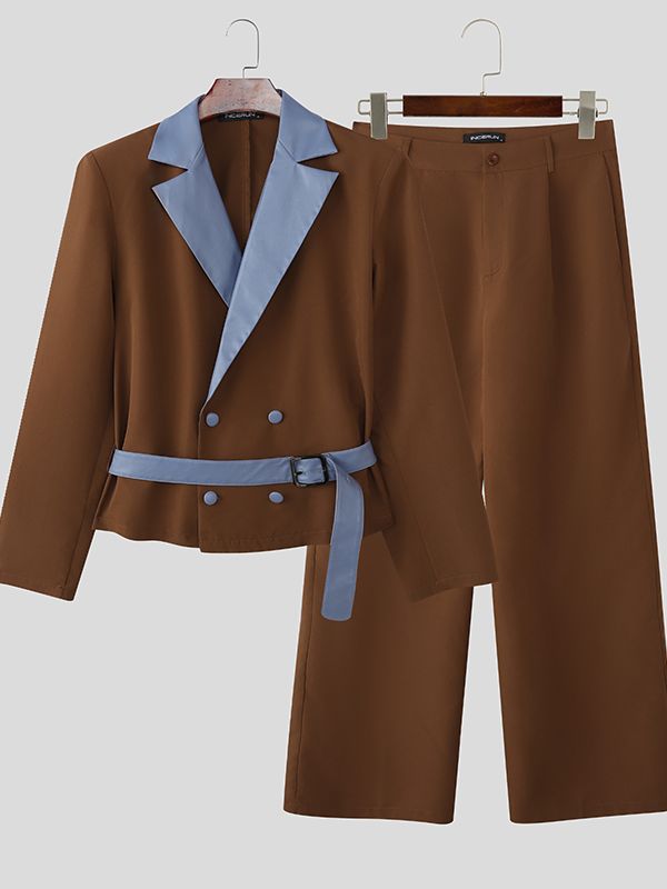 Men's Faux Leather Contrast Color Double Breasted Two Pieces Outfit SKUL47907