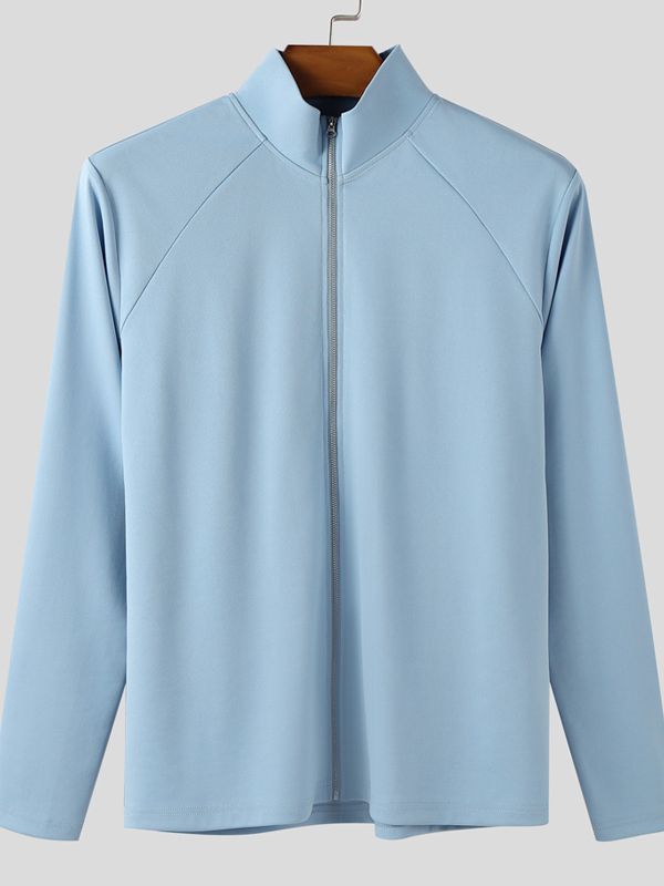 Men's Solid Color Zip Long Sleeve T-Shirt SKUL42367