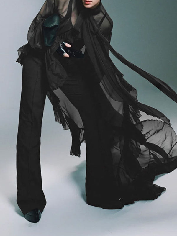 Men's Ruffled Patchwork Sheer Mesh Long Sleeve Shirt SKUL27365