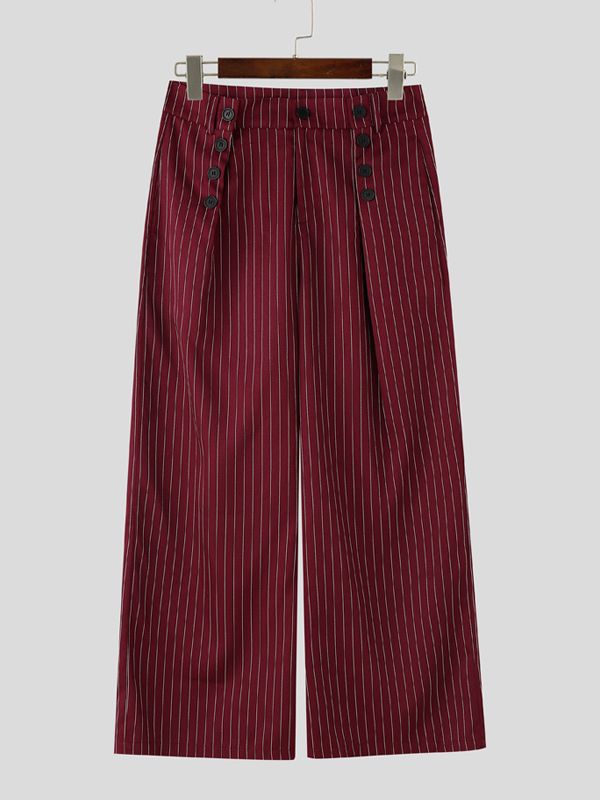 Men's Avant-Garde Pinstripe High-Waist Sailor Button Wide-Leg Pant SKUL63132