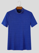 Men's Clean Fit Cocktail Party Fine Ribbed High Stretch Crystal Detail Fitted Short Sleeve Mock Neck T-shirt SKUL83260