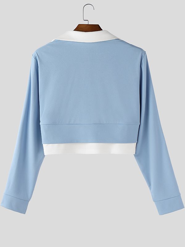 Men's Contrast Color Cropped Lapel Long Sleeve Shirt SKUL50915