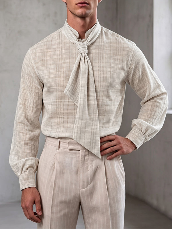 Men's Retro Party Integrated Ascot Scarf Crinkle Long Sleeve Shirt SKUL81103