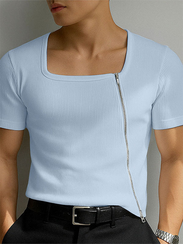 Mens Solid Color Knit Zipper Short Sleeve T-Shirt SKUL15396