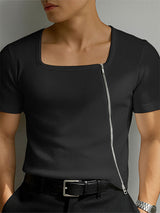 Mens Solid Color Knit Zipper Short Sleeve T-Shirt SKUL15396