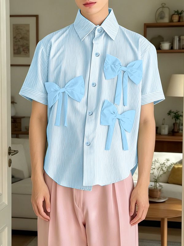 Men's Avant-Garde 3D Bow Pinstripe Short Sleeve Shirt SKUL58766