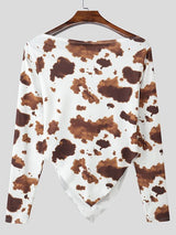 Men's Cow Print Knit Asymmetric Shoulder Long Sleeve T-shirt SKUL51826