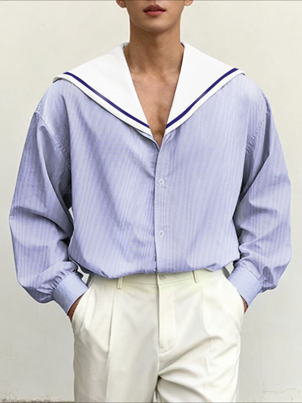 Men's Striped Sailor Collar Long Sleeve Shirt SKUL46537