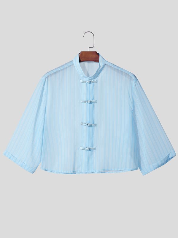 Men's Avant-Garde Neo-Chinese Sheer Striped Cropped Frog-Button Shirt SKUL63172