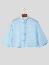Men's Avant-Garde Neo-Chinese Sheer Striped Cropped Frog-Button Shirt SKUL63172