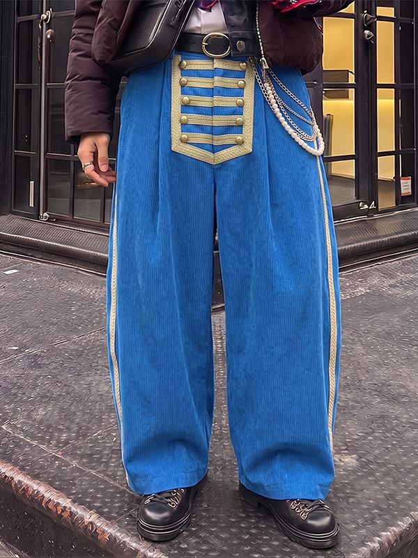 Men's Retro Avant-Garde Military Gold Frogging Embroidery Side Stripe Floor Length Wide Leg Pant SKUL76590