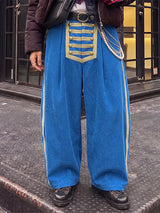 Men's Retro Avant-Garde Military Gold Frogging Embroidery Side Stripe Floor Length Wide Leg Pant SKUL76590