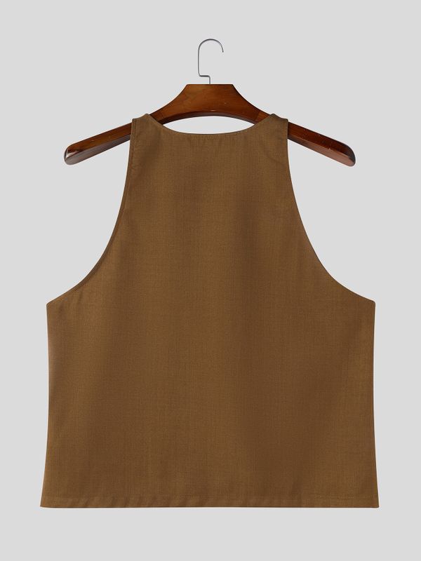 Men's American High-Street Metal Chain Strap Deep U-Neck Textured Tank SKUL72421