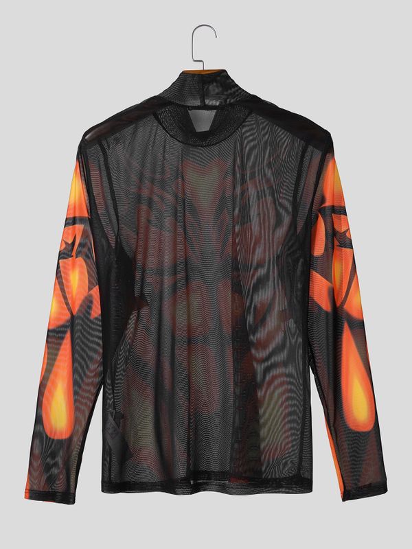 Men's Futuristic Sheer Mesh Thermal Muscle Print Mock Neck Long Sleeve Shirt SKUL64229