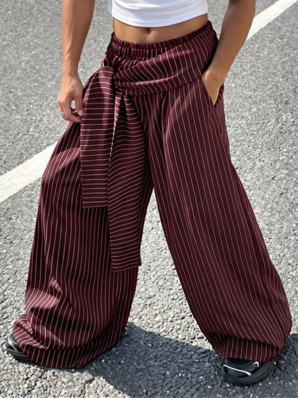 Men's Avant-Garde Asymmetric Wrapped Tie-Waist Pinstripe Oversized Wide-Leg Baggy Pant SKUL70237