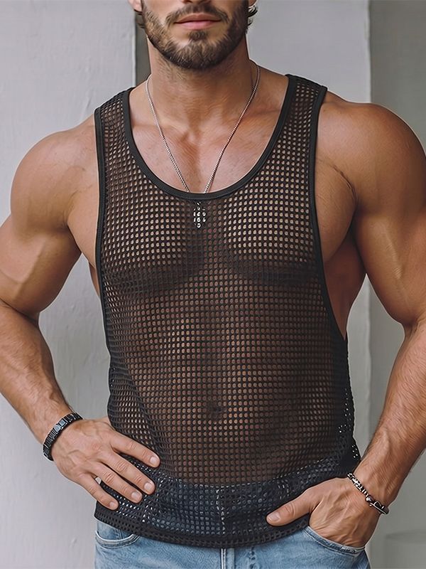 Men's Avant-Garde High-Street All-Over Mesh Round Neck Tank SKUL72634