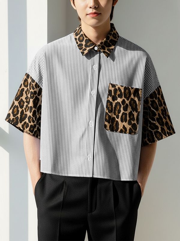 Men's Leopard Patchwork Stripe Short Sleeve Shirt SKUL47624