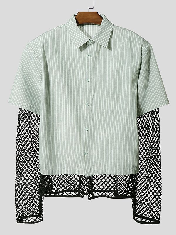 Men's Vertical Pinstripe Mesh Patchwork Layered Design Fishnet Sleeve Shirt SKUL54010