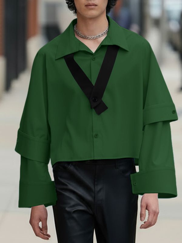 Men's Solid Color Layered Sleeve Long Sleeve Shirt SKUL43857