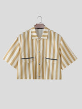 Men's Streetwear Cropped Vertical Stripe Short Sleeve Shirt SKUL58662