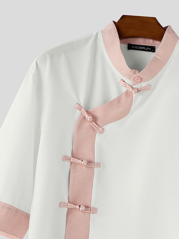 Men's New Chinese Style Asymmetrical Contrast Frog Button Shirt SKUL62068