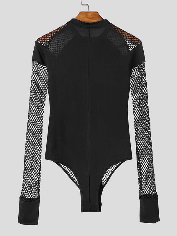 Mens Mesh Patchwork Sheer Long-Sleeve Bodysuit SKUK84402