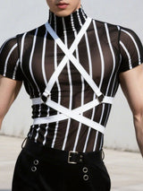 Men's Sheer Mesh Striped Short Sleeve T-Shirt SKUL24573