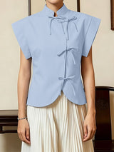 Men's Vintage Modern Chinese Slant Placket Tie-Knot Mandarin Collar Cap-Sleeve Shirt SKUL64088