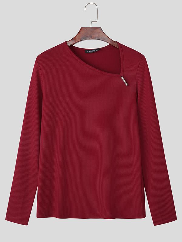 Men's Asymmetric Shoulder Design Textured Long Sleeve T-shirt SKUL43663