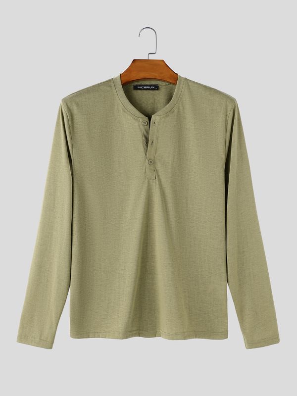Men's Smart Casual Textured Long-Sleeve Henley Placket T-shirt SKUL78030