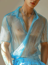 Mens Sexy Striped Sheer Short Sleeve Shirt SKUK65100