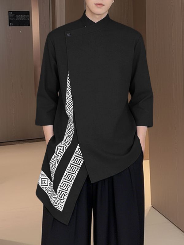Men's Asymmetric Patchwork Stand Collar 3/4 Length Sleeve Shirt SKUL50560