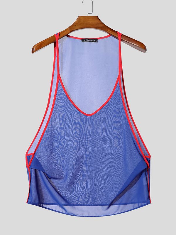 Men's Sexy Contrast Binding Ultra-Thin Strap Deep Cutout Mesh Fitted Gym Tank SKUL72673