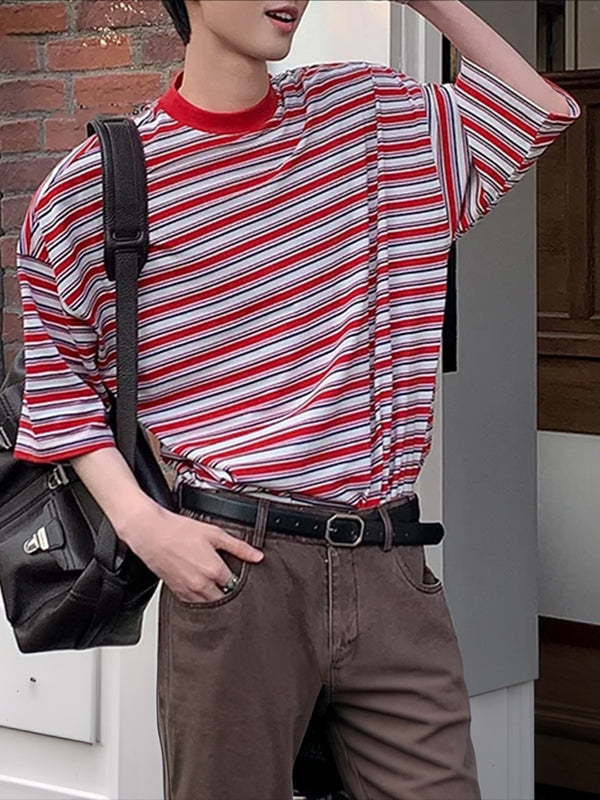 Men's Striped Contrast Color Short Sleeve T-shirt SKUL46065