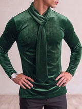 Men's Avant-Garde Early Autumn Velour Built-in Scarf Muscle Slim Long Sleeve Tie Neck T-shirt SKUL81739