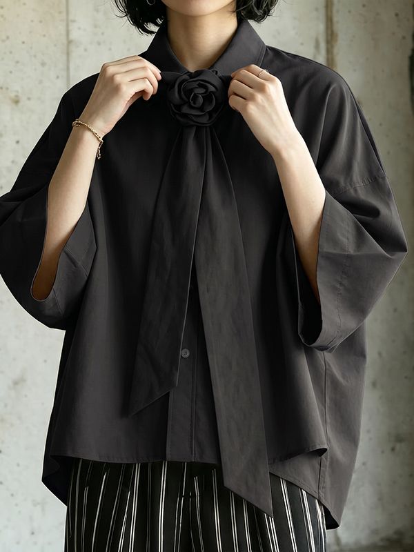 Men's Romantic Avant-Garde Rose Brooch Wide Tie Neck Half Sleeve Shirt SKUL64070