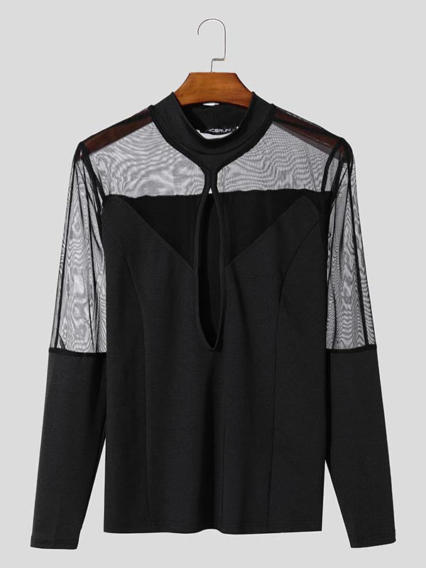 Mens Hollow Mesh Sheer Long-Sleeve T-Shirt SKUK84511