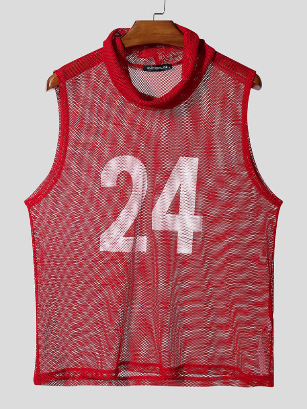 Men's Number Print Sheer Mesh Tank SKUL15413
