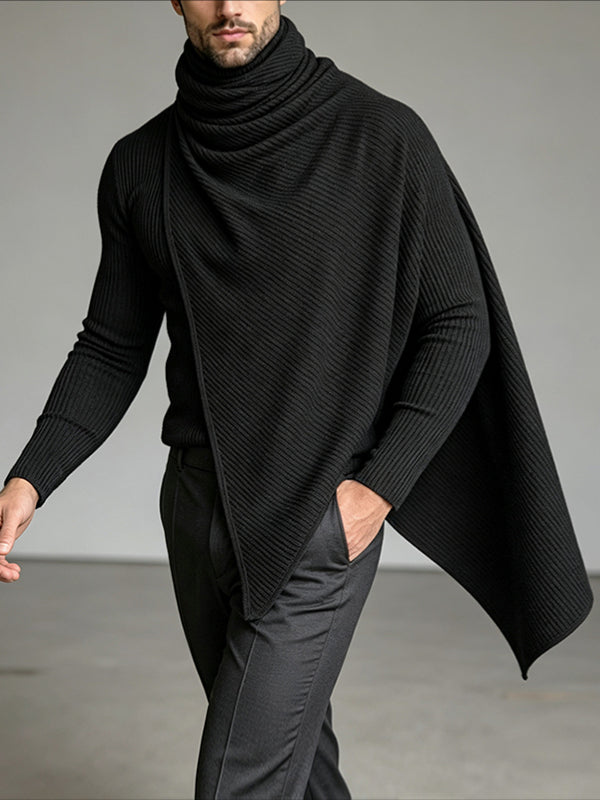 Men's Early Autumn Structural Asymmetrical Cowl-Cape Draped Ribbed Knit Sweater SKUL80476