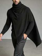 Men's Early Autumn Structural Asymmetrical Cowl-Cape Draped Ribbed Knit Sweater SKUL80476