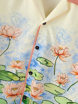 Mens Lotus Print Color Block Short Sleeve Shirt SKUL16585