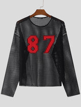 Mens Number Print Hollow Out Long Sleeve T-Shirt SKUK81544