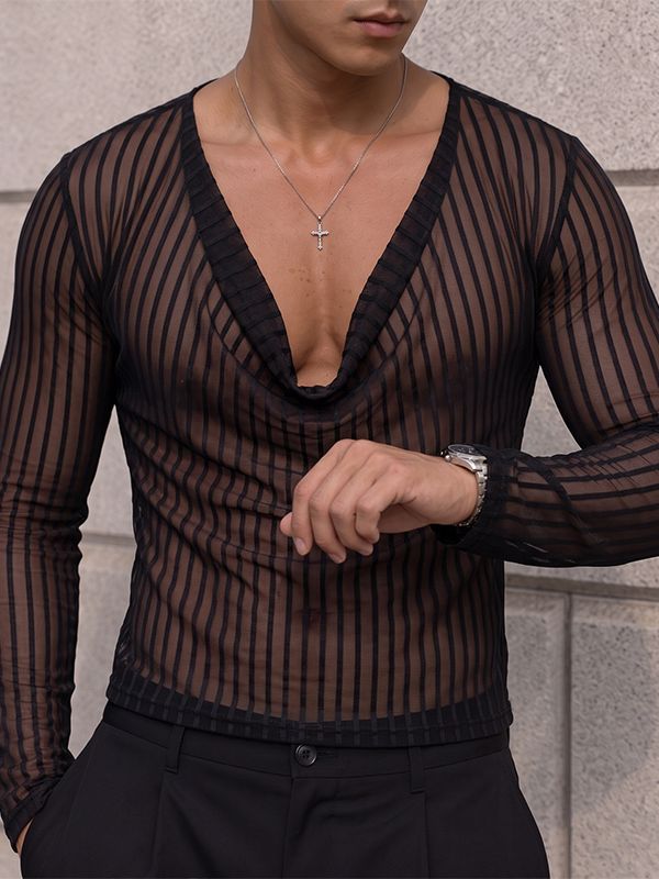 Men's Sexy Party Sheer Mesh Stripe Long Sleeve Cowl Neck T-shirt SKUL78343