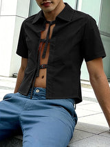 Men's Avant-Garde D-Ring Buckle Strap Open-Front Short Sleeve Shirt SKUL63076