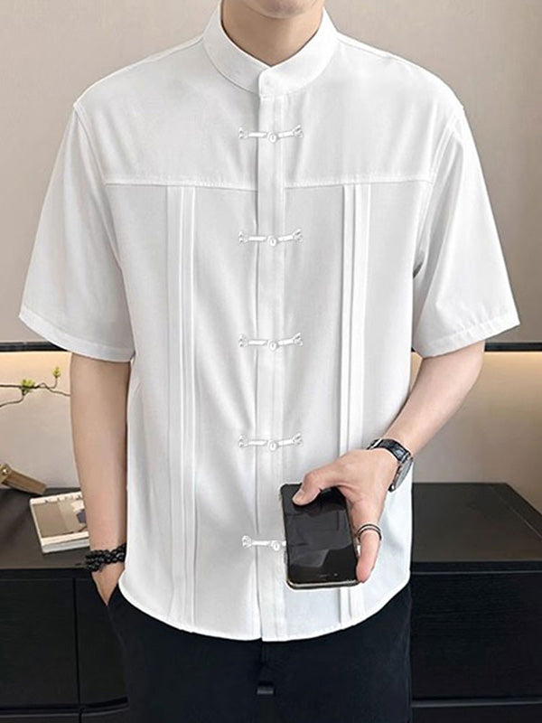 Mens Solid Color Pleated Design Short Sleeve Shirt SKUK63614